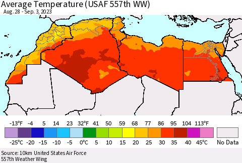 North Africa Average Temperature (USAF 557th WW) Thematic Map For 8/28/2023 - 9/3/2023