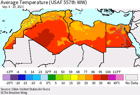 North Africa Average Temperature (USAF 557th WW) Thematic Map For 9/4/2023 - 9/10/2023