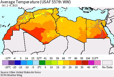North Africa Average Temperature (USAF 557th WW) Thematic Map For 10/2/2023 - 10/8/2023