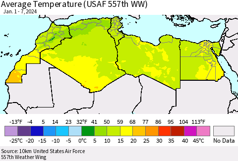 North Africa Average Temperature (USAF 557th WW) Thematic Map For 1/1/2024 - 1/7/2024
