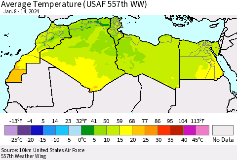 North Africa Average Temperature (USAF 557th WW) Thematic Map For 1/8/2024 - 1/14/2024