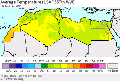 North Africa Average Temperature (USAF 557th WW) Thematic Map For 1/15/2024 - 1/21/2024