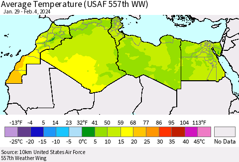 North Africa Average Temperature (USAF 557th WW) Thematic Map For 1/29/2024 - 2/4/2024