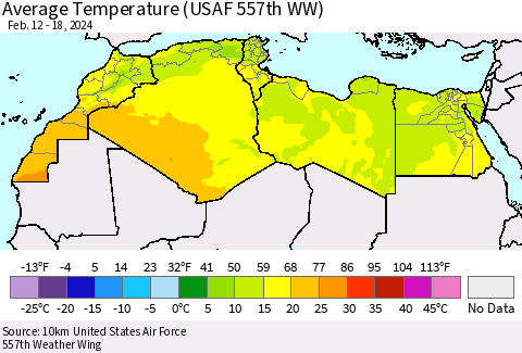 North Africa Average Temperature (USAF 557th WW) Thematic Map For 2/12/2024 - 2/18/2024