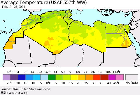 North Africa Average Temperature (USAF 557th WW) Thematic Map For 2/19/2024 - 2/25/2024
