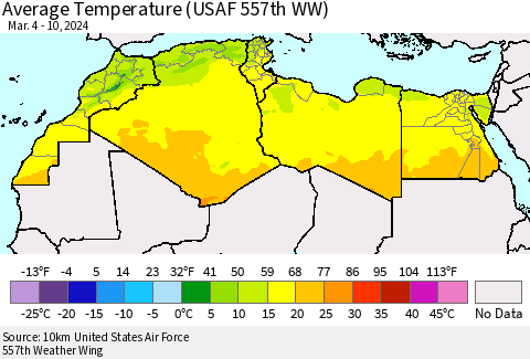 North Africa Average Temperature (USAF 557th WW) Thematic Map For 3/4/2024 - 3/10/2024