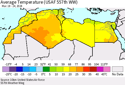 North Africa Average Temperature (USAF 557th WW) Thematic Map For 3/18/2024 - 3/24/2024