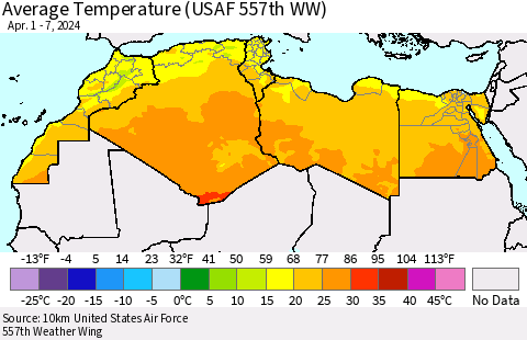 North Africa Average Temperature (USAF 557th WW) Thematic Map For 4/1/2024 - 4/7/2024
