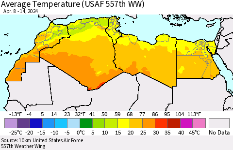 North Africa Average Temperature (USAF 557th WW) Thematic Map For 4/8/2024 - 4/14/2024