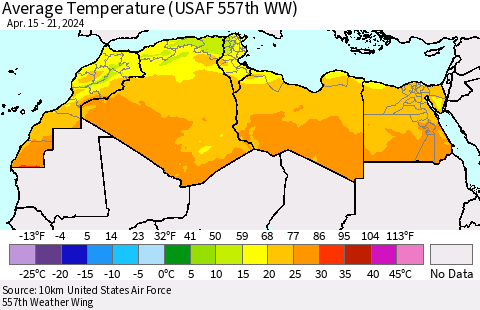 North Africa Average Temperature (USAF 557th WW) Thematic Map For 4/15/2024 - 4/21/2024