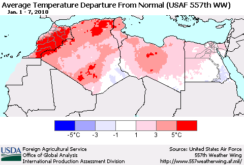 North Africa Average Temperature Departure from Normal (USAF 557th WW) Thematic Map For 1/1/2018 - 1/7/2018