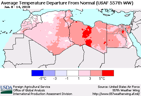 North Africa Average Temperature Departure from Normal (USAF 557th WW) Thematic Map For 1/8/2018 - 1/14/2018
