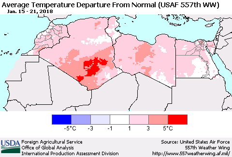 North Africa Average Temperature Departure from Normal (USAF 557th WW) Thematic Map For 1/15/2018 - 1/21/2018