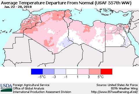 North Africa Average Temperature Departure from Normal (USAF 557th WW) Thematic Map For 1/22/2018 - 1/28/2018