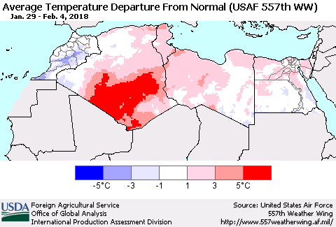 North Africa Average Temperature Departure from Normal (USAF 557th WW) Thematic Map For 1/29/2018 - 2/4/2018
