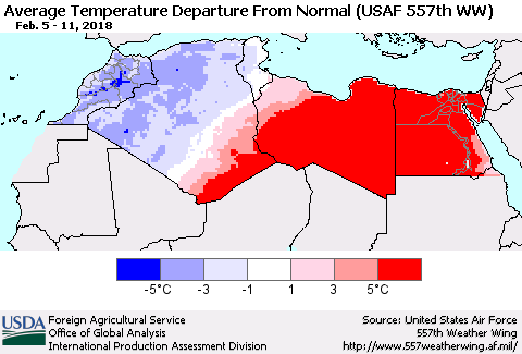 North Africa Average Temperature Departure from Normal (USAF 557th WW) Thematic Map For 2/5/2018 - 2/11/2018