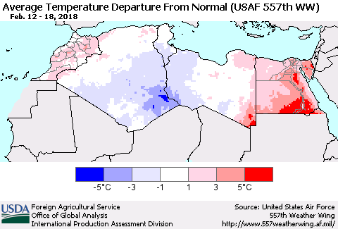 North Africa Average Temperature Departure from Normal (USAF 557th WW) Thematic Map For 2/12/2018 - 2/18/2018