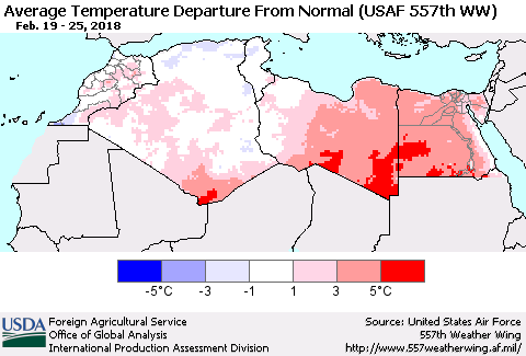 North Africa Average Temperature Departure from Normal (USAF 557th WW) Thematic Map For 2/19/2018 - 2/25/2018