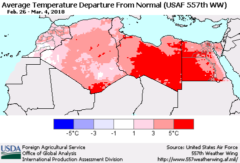 North Africa Average Temperature Departure from Normal (USAF 557th WW) Thematic Map For 2/26/2018 - 3/4/2018