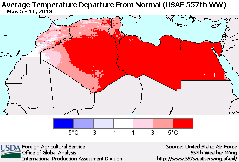 North Africa Average Temperature Departure from Normal (USAF 557th WW) Thematic Map For 3/5/2018 - 3/11/2018