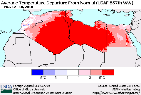 North Africa Average Temperature Departure from Normal (USAF 557th WW) Thematic Map For 3/12/2018 - 3/18/2018