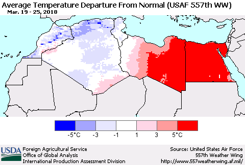 North Africa Average Temperature Departure from Normal (USAF 557th WW) Thematic Map For 3/19/2018 - 3/25/2018