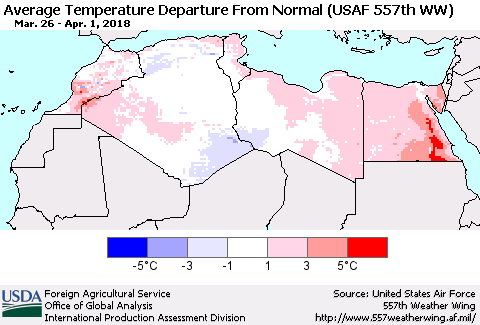 North Africa Average Temperature Departure from Normal (USAF 557th WW) Thematic Map For 3/26/2018 - 4/1/2018
