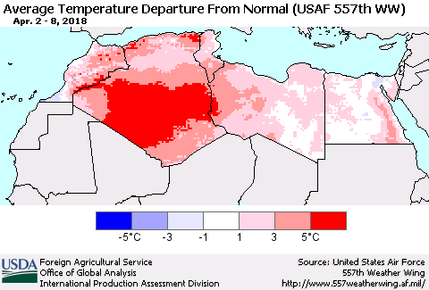 North Africa Average Temperature Departure from Normal (USAF 557th WW) Thematic Map For 4/2/2018 - 4/8/2018