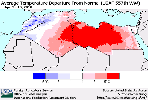North Africa Average Temperature Departure from Normal (USAF 557th WW) Thematic Map For 4/9/2018 - 4/15/2018