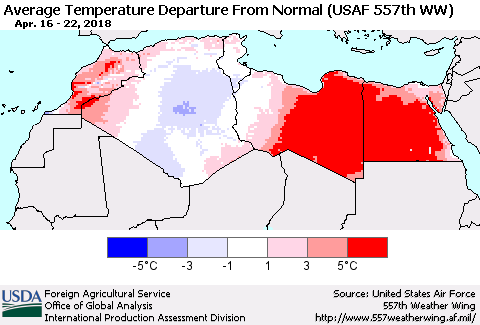 North Africa Average Temperature Departure from Normal (USAF 557th WW) Thematic Map For 4/16/2018 - 4/22/2018
