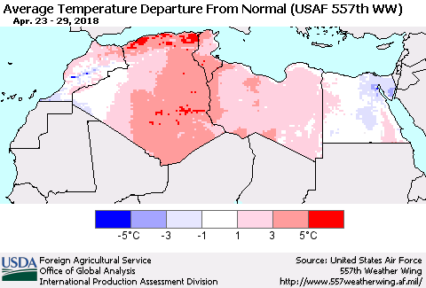 North Africa Average Temperature Departure from Normal (USAF 557th WW) Thematic Map For 4/23/2018 - 4/29/2018
