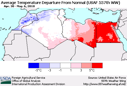 North Africa Average Temperature Departure from Normal (USAF 557th WW) Thematic Map For 4/30/2018 - 5/6/2018