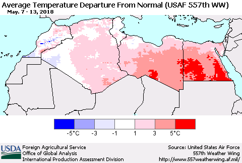 North Africa Average Temperature Departure from Normal (USAF 557th WW) Thematic Map For 5/7/2018 - 5/13/2018