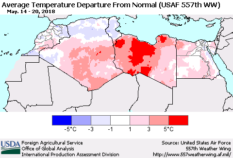 North Africa Average Temperature Departure from Normal (USAF 557th WW) Thematic Map For 5/14/2018 - 5/20/2018