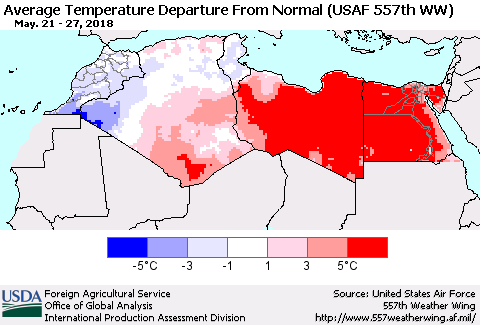 North Africa Average Temperature Departure from Normal (USAF 557th WW) Thematic Map For 5/21/2018 - 5/27/2018