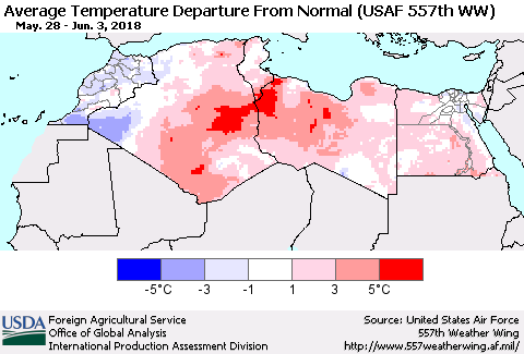 North Africa Average Temperature Departure from Normal (USAF 557th WW) Thematic Map For 5/28/2018 - 6/3/2018