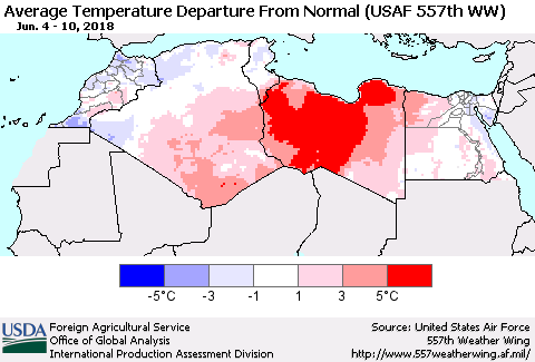 North Africa Average Temperature Departure from Normal (USAF 557th WW) Thematic Map For 6/4/2018 - 6/10/2018