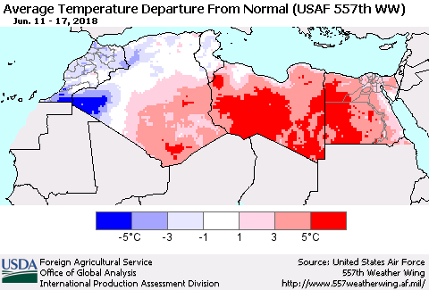 North Africa Average Temperature Departure from Normal (USAF 557th WW) Thematic Map For 6/11/2018 - 6/17/2018