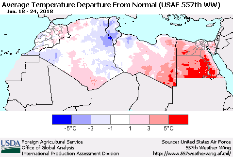 North Africa Average Temperature Departure from Normal (USAF 557th WW) Thematic Map For 6/18/2018 - 6/24/2018