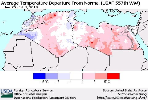 North Africa Average Temperature Departure from Normal (USAF 557th WW) Thematic Map For 6/25/2018 - 7/1/2018