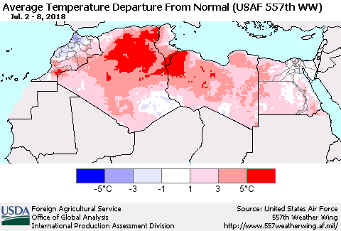 North Africa Average Temperature Departure from Normal (USAF 557th WW) Thematic Map For 7/2/2018 - 7/8/2018