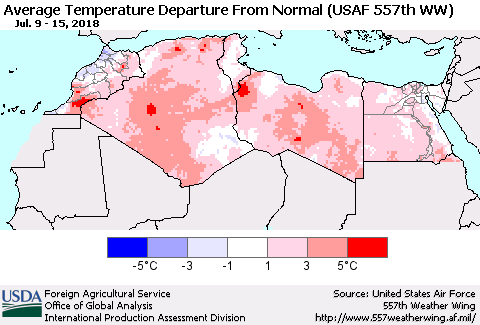 North Africa Average Temperature Departure from Normal (USAF 557th WW) Thematic Map For 7/9/2018 - 7/15/2018