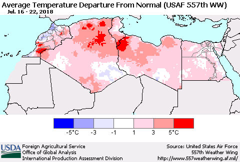 North Africa Average Temperature Departure from Normal (USAF 557th WW) Thematic Map For 7/16/2018 - 7/22/2018