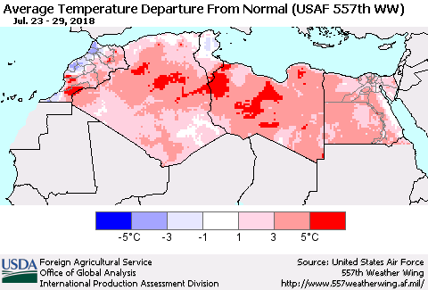 North Africa Average Temperature Departure from Normal (USAF 557th WW) Thematic Map For 7/23/2018 - 7/29/2018
