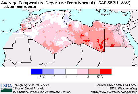 North Africa Average Temperature Departure from Normal (USAF 557th WW) Thematic Map For 7/30/2018 - 8/5/2018
