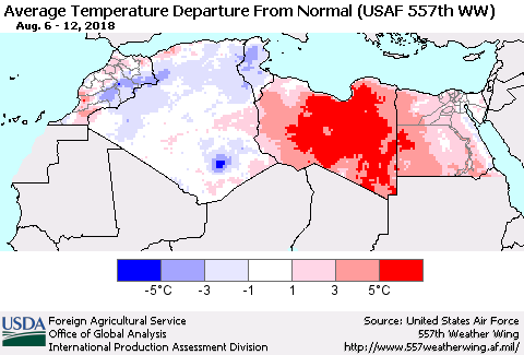 North Africa Average Temperature Departure from Normal (USAF 557th WW) Thematic Map For 8/6/2018 - 8/12/2018