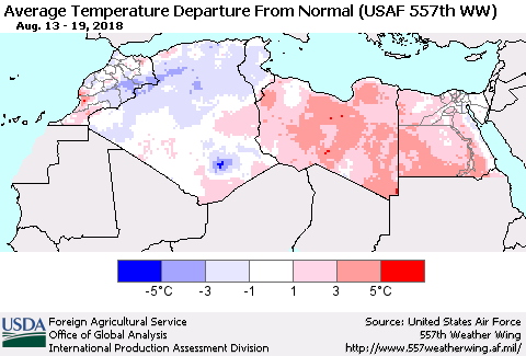 North Africa Average Temperature Departure from Normal (USAF 557th WW) Thematic Map For 8/13/2018 - 8/19/2018