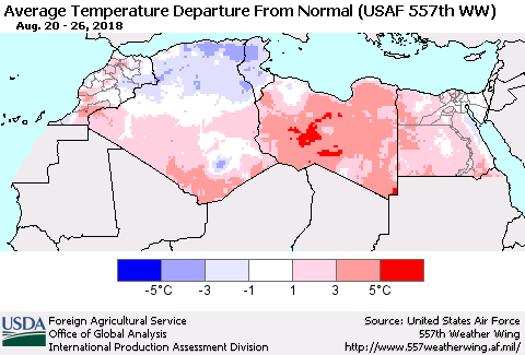 North Africa Average Temperature Departure from Normal (USAF 557th WW) Thematic Map For 8/20/2018 - 8/26/2018