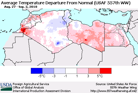 North Africa Average Temperature Departure from Normal (USAF 557th WW) Thematic Map For 8/27/2018 - 9/2/2018