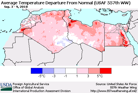 North Africa Average Temperature Departure from Normal (USAF 557th WW) Thematic Map For 9/3/2018 - 9/9/2018
